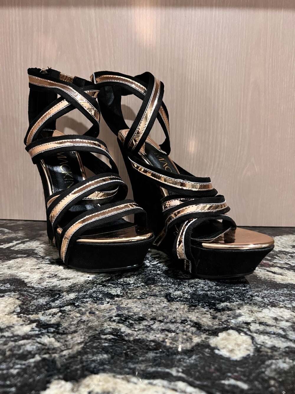 Mackin J Black and Gold Metallic Strappy Wedge Sandals